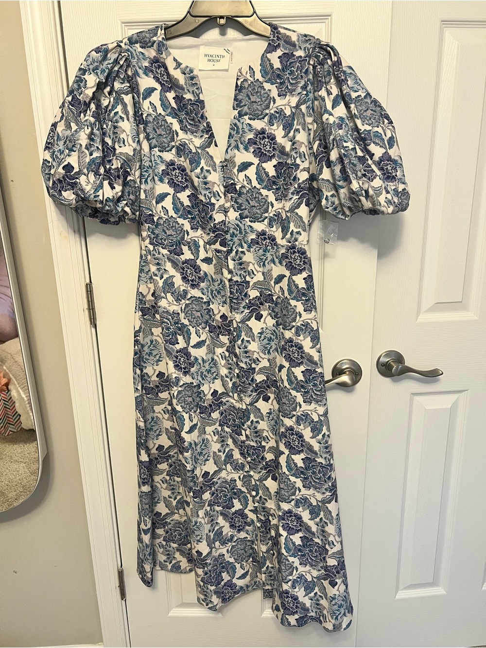 Hyacinth House Blue Floral Puff-Sleeve Midi Dress